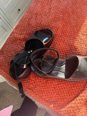 CROCS Women's Black Patent Ankle-Strap Sandals